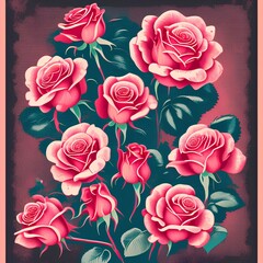 Retro rose flowers illustration print poster - Vector - generative ai