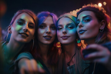 group of happy young girl friends taking salfie in a summer festival, generative ai