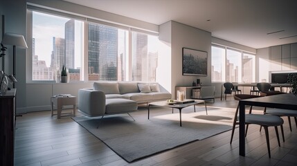 Fototapeta na wymiar Copyspace Living room, minimalistic design style with color of Summer 2023. Generative ai.