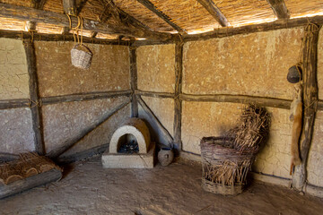 House at Bay of Bones, prehistoric pile-dwelling, recreation of a bronze age settlement on Lake...