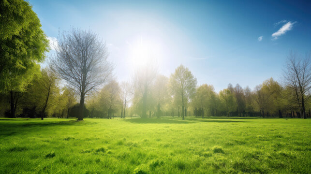 Background image of a spring landscape with grass and sky during a sunny day. Generative AI