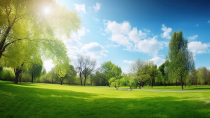 Spring landscape with grass and sky during a sunny day. Generative AI