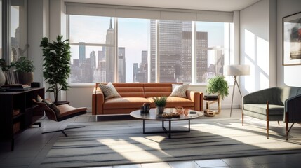 Fototapeta na wymiar Copyspace Living room, minimalistic design style with color of Summer 2023. Generative ai.