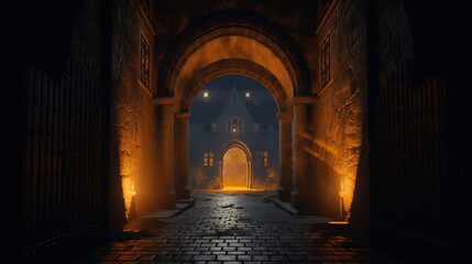 Castle gate, external entrance with arched door and burning torches.