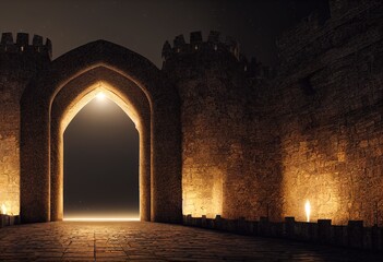 Castle gate, external entrance with arched door and burning torches.