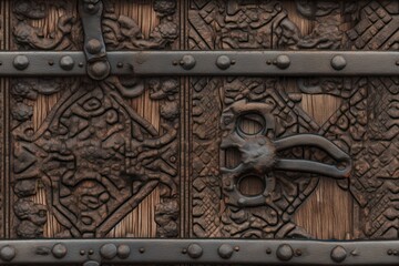 Portal of Time: Close-Up of Rusted Steel and Weathered Oak in an Ancient Door