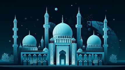 beautiful blue Mosque Eid Mubarak Design. eid al adha, fitr, Ramadhan - generative ai