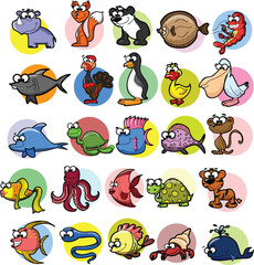 Fototapeta premium Big collection of cute cartoon animals,birds and sea creatures of the world.Big fauna of the world icon set.Vector illustration isolated on white