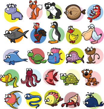 Big collection of cute cartoon animals,birds and sea creatures of the world.Big fauna of the world icon set.Vector illustration isolated on white