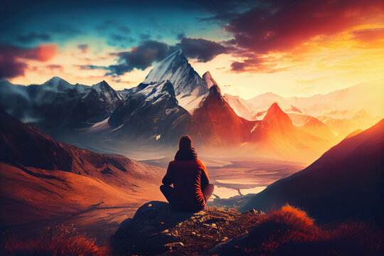 Man meditating  at sunset mountains.  relaxation emotional concept harmony nature with Generative AI Technology
