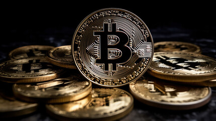 Bitcoin is digital gold. Closeup of shiny coins stacked under bitcoin. Generative AI