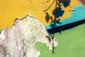 Old weathered colorful graffiti painted plaster wall surface background with shadows of plants