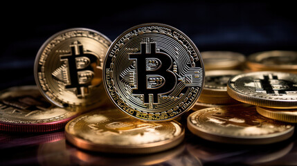 Bitcoin is digital gold. Closeup of shiny coins stacked under bitcoin. Generative AI