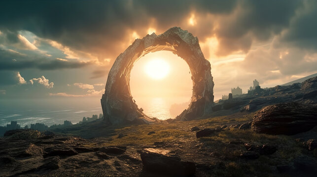 fantasy alien stone stargate portal on an alien planet, sci-fi illustration concept, generative ai