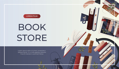 Promo banner with stack of books, globe, inkwell quill, plant, lantern, ebook. World book day. Bookstore, bookshop, library, book lover, bibliophile, education. Vector for poster, cover, advertising