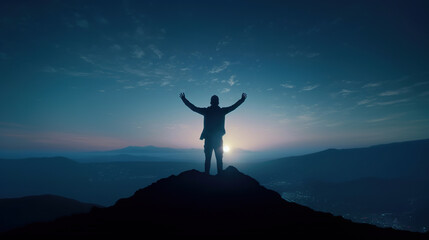 silhouette of a person on the top of mountain, spreading the arms, freedom and  life success concept, generative ai - obrazy, fototapety, plakaty