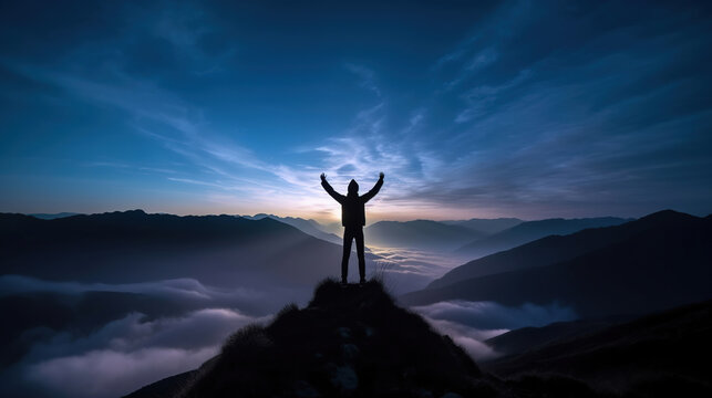 silhouette of a person on the top of mountain, spreading the arms, freedom and  life success concept, generative ai