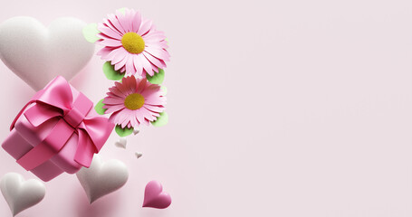 Mother's day celebration, birthday, valentine. Gift boxes flowers hearts. 3D rendering