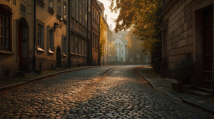Fototapeta na wymiar A charming, cobblestone street in an old European town at dawn, with the warm light illuminating the historic architecture.