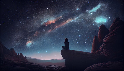 Woman sits on stone ledge looking at the night sky stars with milky way background with Generative AI Technology