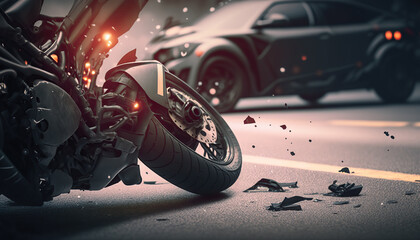 Motorcycle crash road accident with broken motorbike. City background. Banner with copy space. AI generative image. - obrazy, fototapety, plakaty