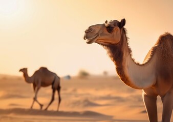 Camels in the desert. Generative AI.