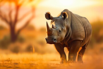 Rhinoceros is walking in savanna at warm sunny day. Generative AI.