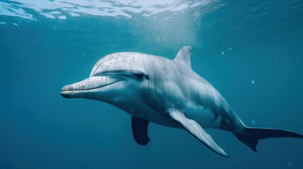 Fototapeta premium Dolphin swimming underwater in the sea deep ocean. Generative AI