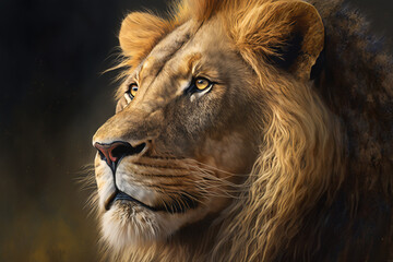 Close-up portrait of a lion's head on dark background