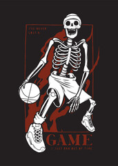 Basketball skeleton practicing with a ball. Basketball character vintage typography silkscreen t-shirt print vector illustration.