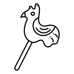 Lollipop in the form of a cockerel. Doodle vector black and white illustration.