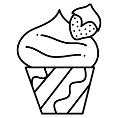 Cupcake with strawberry. Doodle vector black and white illustration.