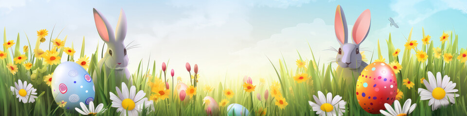 Easter bunny and easter eggs banner cartoon illustration. Generative AI