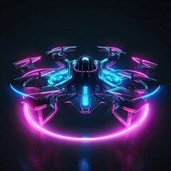 Neon drone with camera. Neon drone color. illustration of a quadrocopter consisting of neon outlines, with backlight on the dark background. Generative Ai.