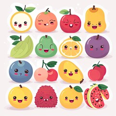 Cartoon funny fruits characters and fruits face illustrations. Funny fruit face and cartoon fruit characters icon set. Cartoon characters. Cartoon face food. Generative Ai.
