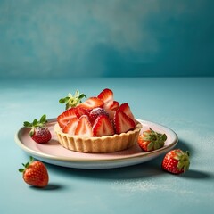 Strawberry vanilla cream cheese tarts over light blue background. 