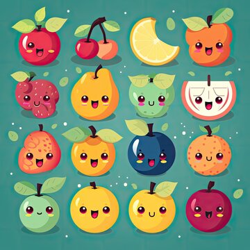 Cartoon funny fruits characters and fruits face illustrations. Funny fruit face and cartoon fruit characters icon set. Cartoon characters. Cartoon face food. Generative Ai.