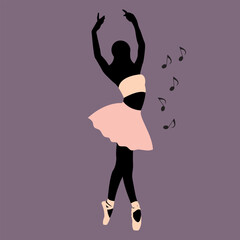 Fototapeta na wymiar Vector illustration classical ballet. African faceless woman ballet dancer in pink tutu and pointe shoes dancing with musical notes on purple background in a flat style