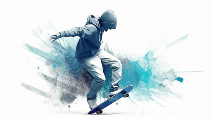 Fototapeta na wymiar illustration of a skateboarding on white background created with generated AI technology