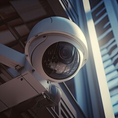 Security, CCTV cameras in the office building, and home security system concept with blur background. Outdoor CCTV Security camera installed on the building wall in the city. Generative Ai