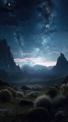 Milky Way and mountains at night. Beautiful landscape with bright milky way arch, rocky path, starry sky at night in Nepal. Trail in mountain valley, sky with stars. Generative Ai