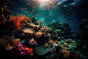 Fototapeta na wymiar Animals of the underwater sea world. Ecosystem. Colorful tropical fish. Life in the coral reef. Generative Ai.