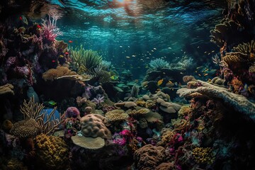 Animals of the underwater sea world. Ecosystem. Colorful tropical fish. Life in the coral reef. Generative Ai.