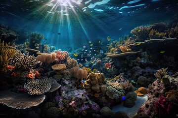 Naklejka na ściany i meble Animals of the underwater sea world. Ecosystem. Colorful tropical fish. Life in the coral reef. Generative Ai.