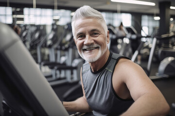 Fototapeta na wymiar senior male with grey hair keeping fit by working out in a gym. Generative ai