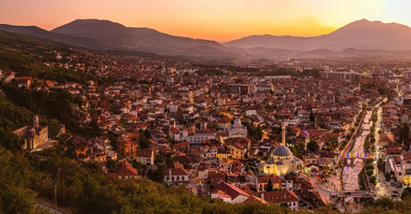 Sunset aerial view of Prizren town, Kosovo