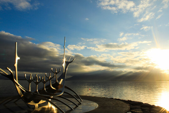 Solfar, the Sun Voyager monument in Reykjavik at the sunrise, Iceland