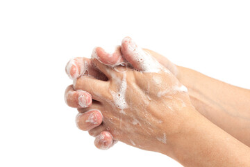 Fototapeta premium Washing men's hands with soap. Personal hygiene concept, hand washing.
