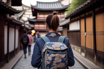 Fototapeta na wymiar Back view of a tourist in historic Japanese city, AI generative art