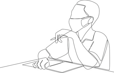 Continuous one-line drawing students wear masks in class. Healthcare in school and office concept single line drawing design graphic vector illustration